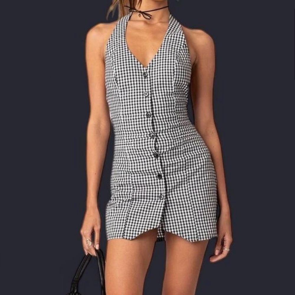 Black and white plaid mini dress